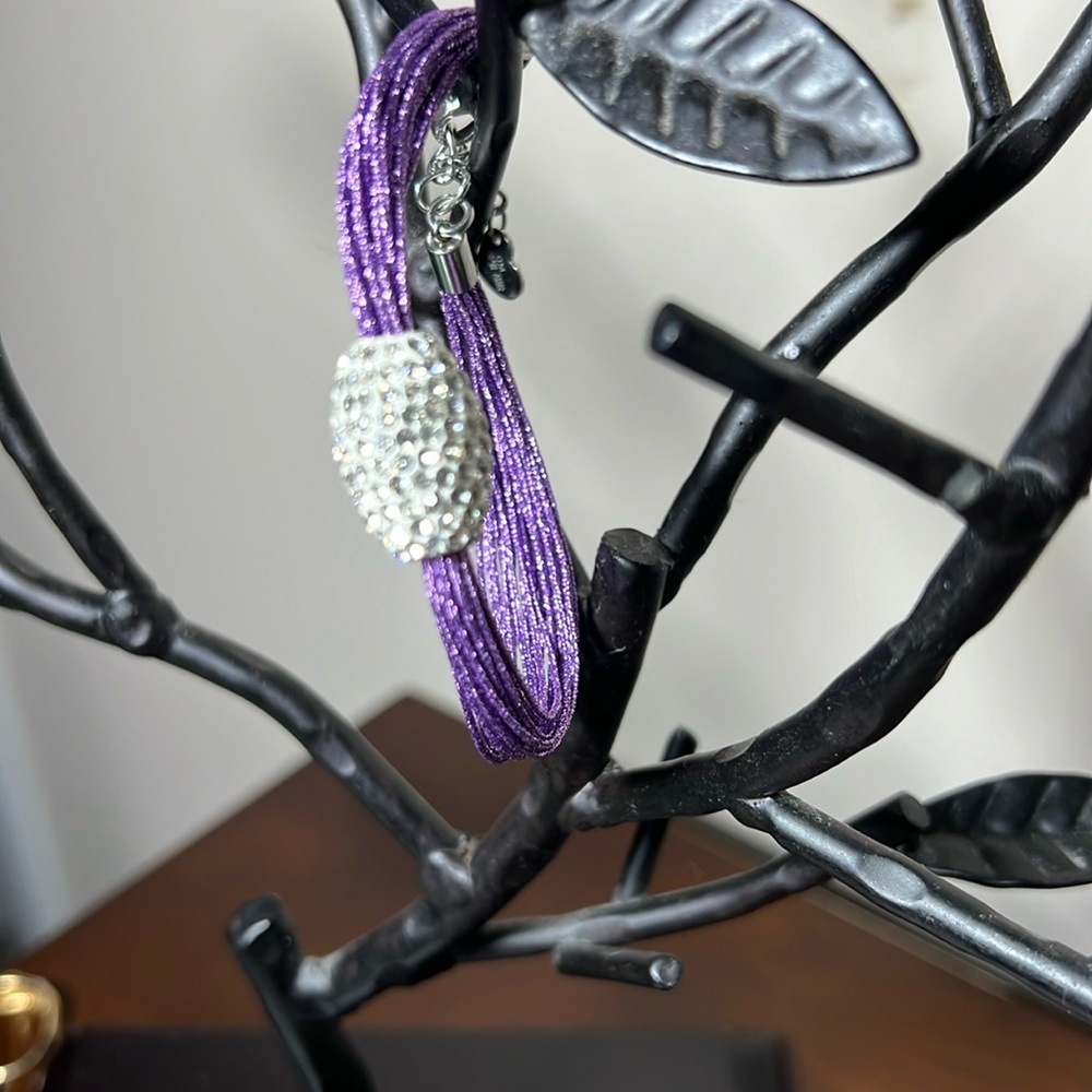 Stainless Steel & Ceramic Rhinestone Set Bead On Purple Sparkle Bracelet 8.5”